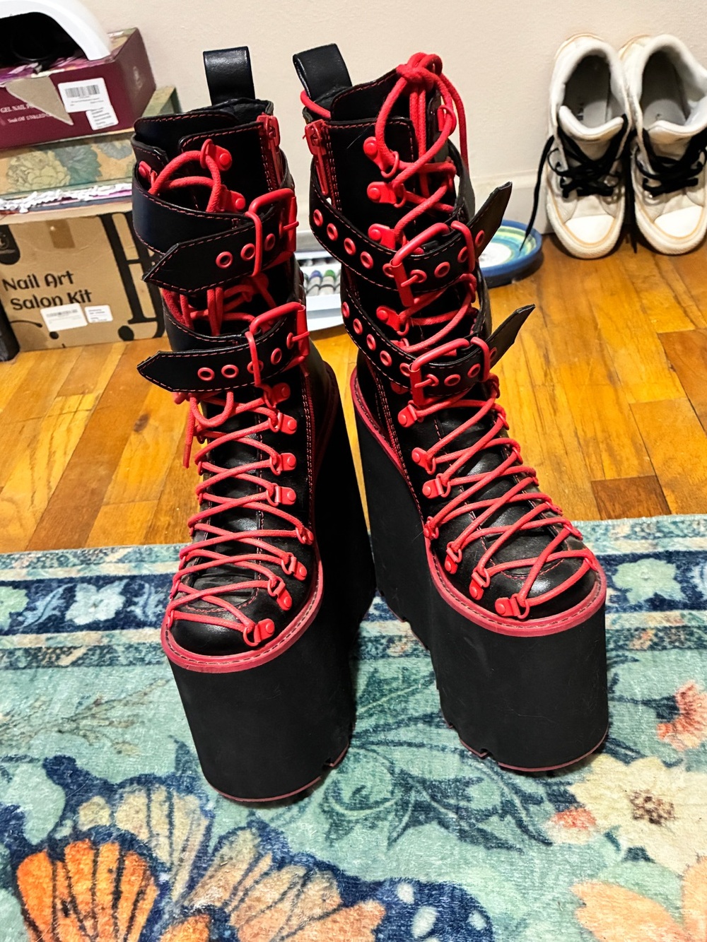 Dolls Kill Black Platform Lace-Up Boots with Red Accents